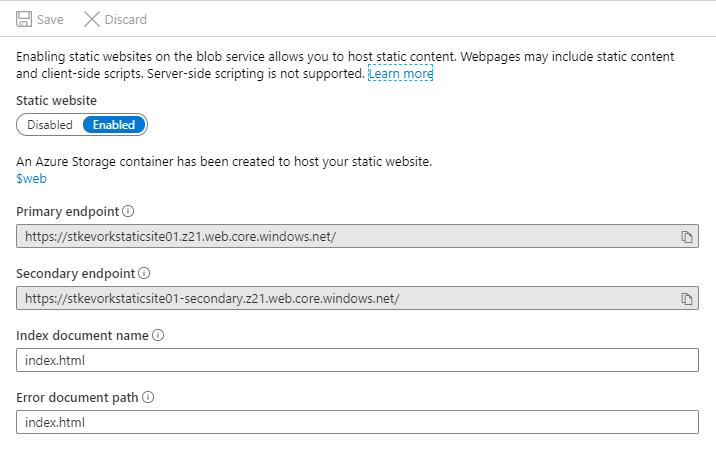 Storage Account Static Website Settings
